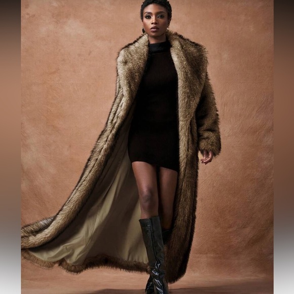 Vintage Style Luxury Faux Fur longline Coat Chocolate Brown tan - Picture 4 of 11